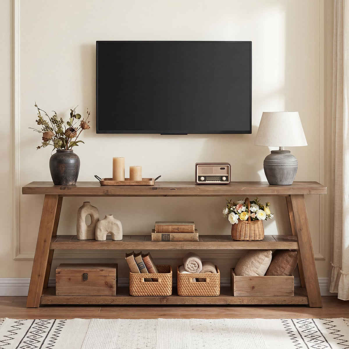 3-Tier Solid Wood TV Stand with Open Storage Shelves G958075