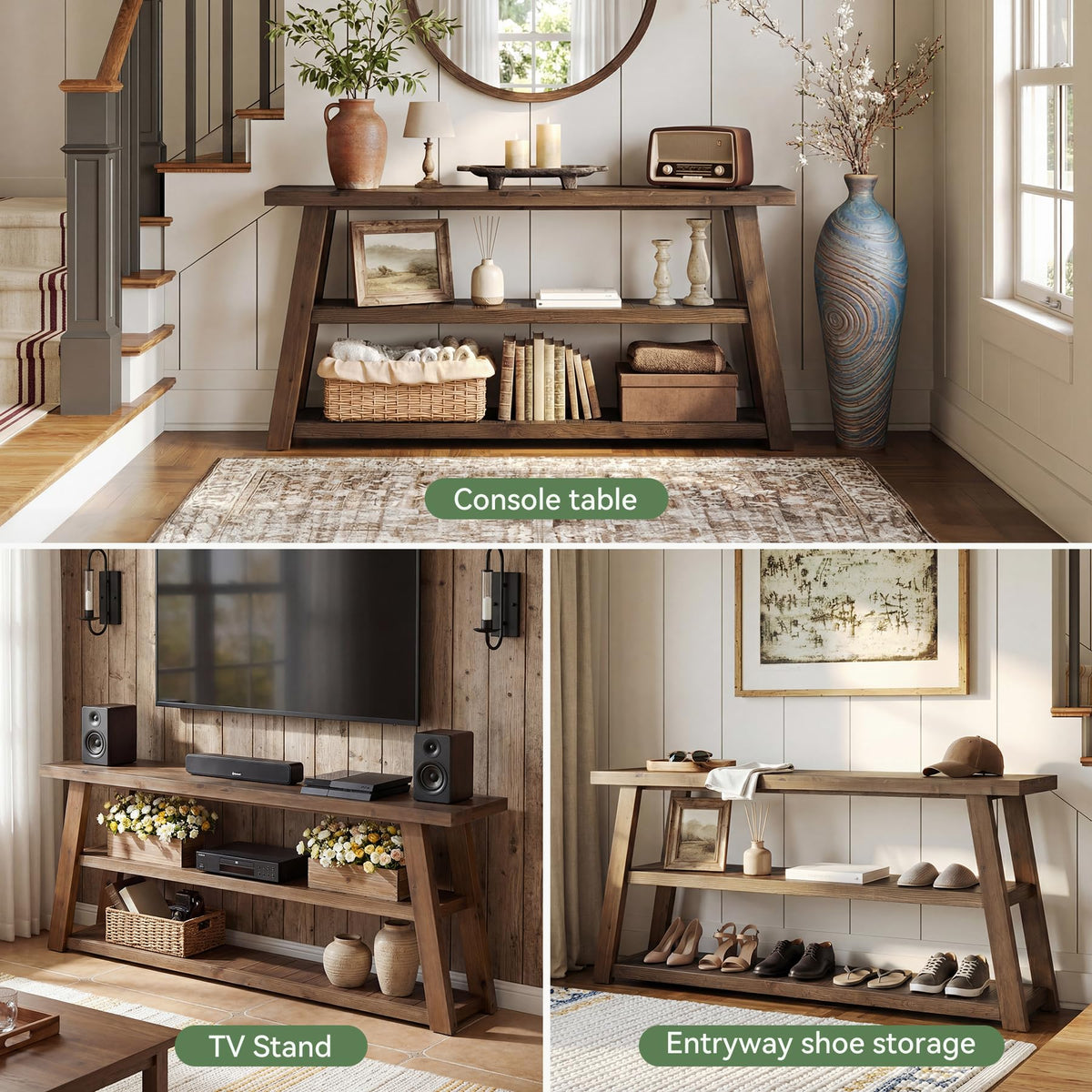 3-Tier Solid Wood TV Stand with Open Storage Shelves G958075