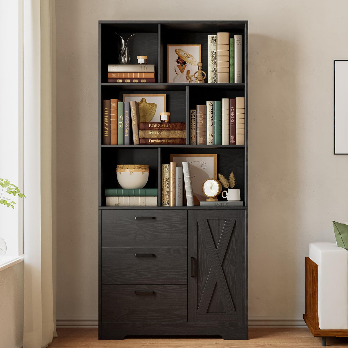 70.9-Inch Black Bookcase with Doors and 3 Drawers V2412