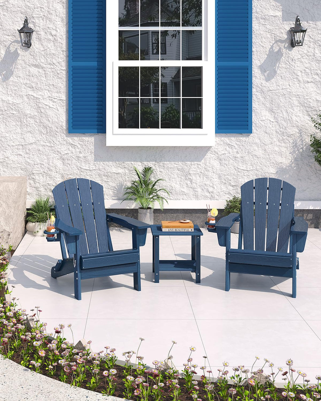HDPE Folding Adirondack Chair Set of 2 with Side Table, Navy Blue T8185
