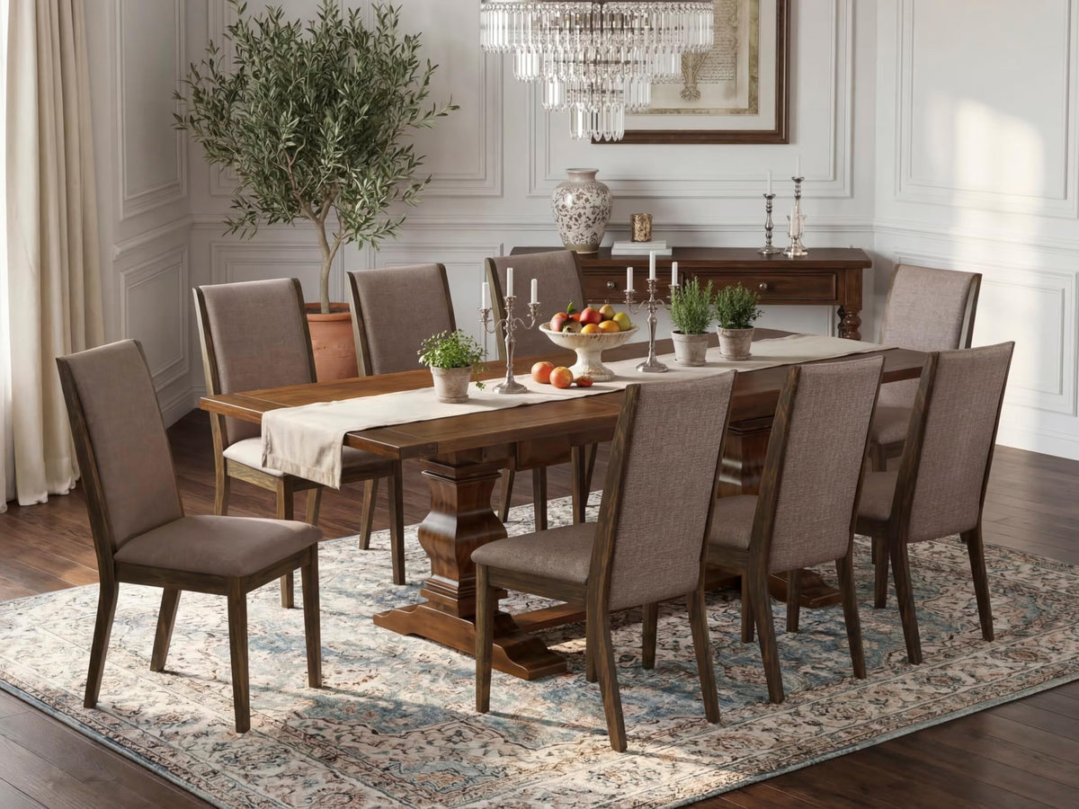 9 Piece Walnut Dining Table Set with Butterfly Leaf and 8 Dark Khaki Linen Fabric Chairs Y3447
