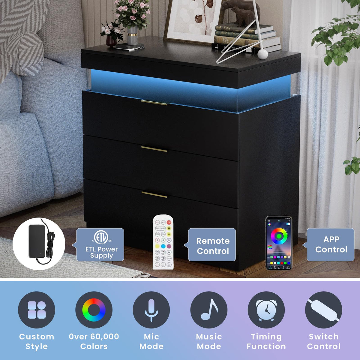 LED Smart Nightstand with Charging Station & RGB Lights I8250