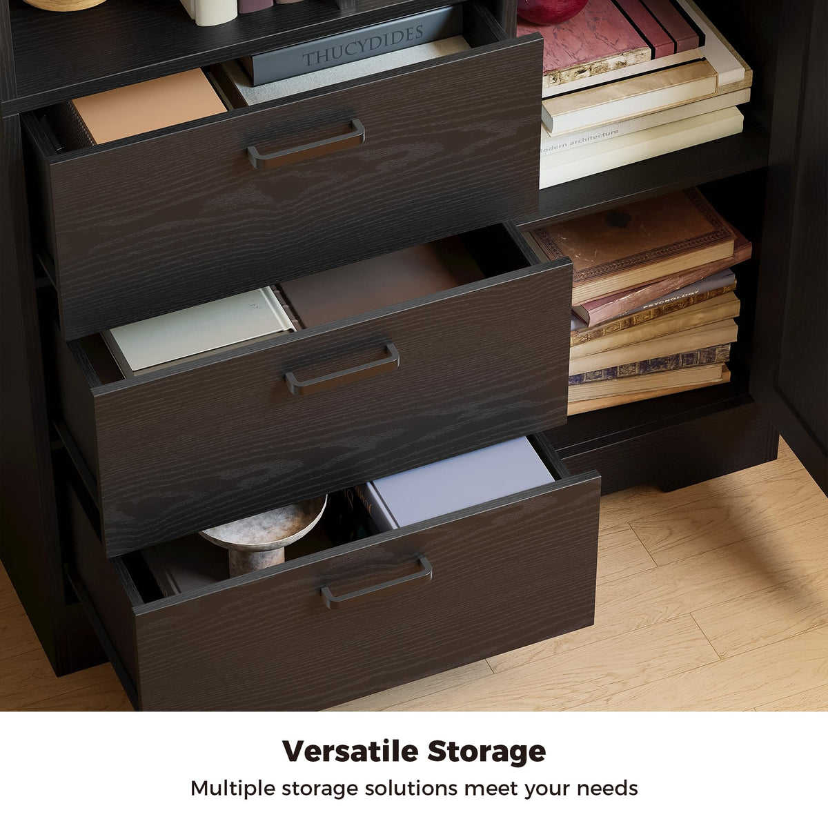 70.9-Inch Black Bookcase with Doors and 3 Drawers V2412
