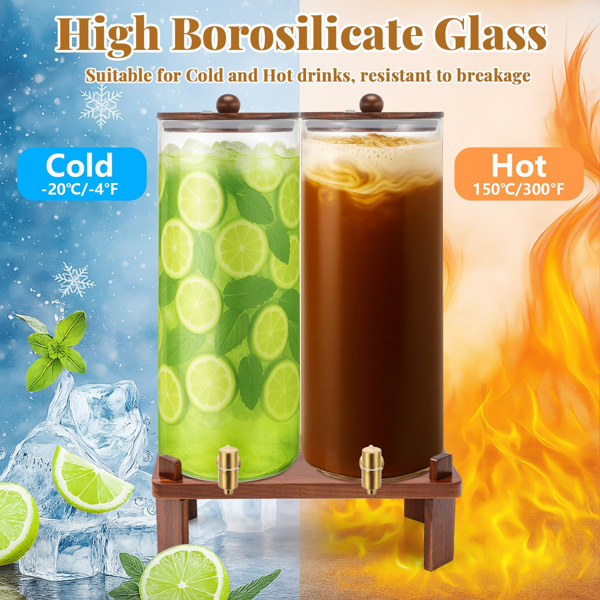 2 Pack 4 Gallon Glass Drink Dispenser with Acacia Wood Stand and Lid G396019