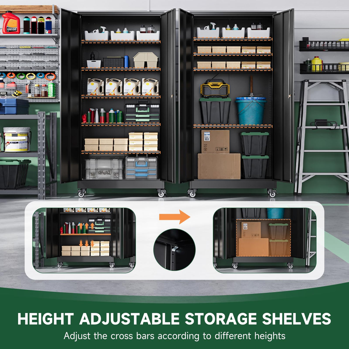 Metal Garage Storage Cabinets with Wheels, Locking Door and Adjustable Shelves (Black, 74.41" H) I8067