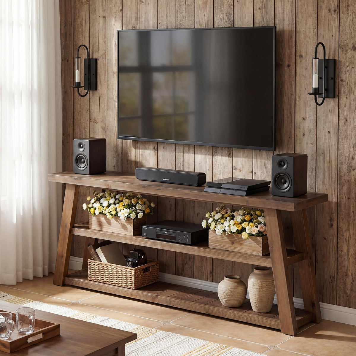 3-Tier Solid Wood TV Stand with Open Storage Shelves G958075
