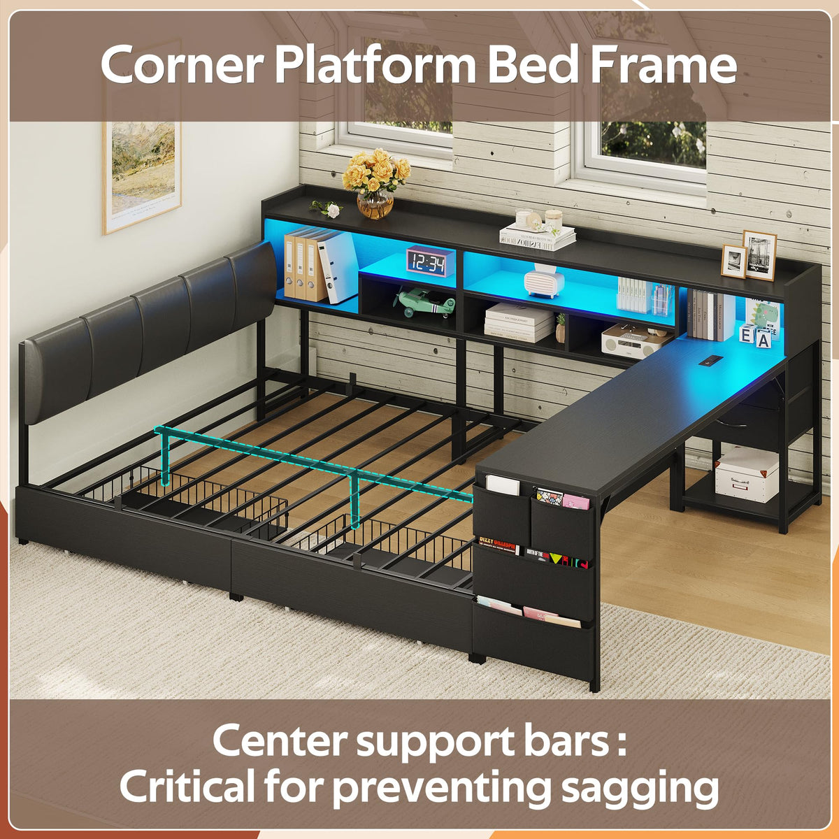 Black Corner Bed Frame Full with Storage and Desk T300593