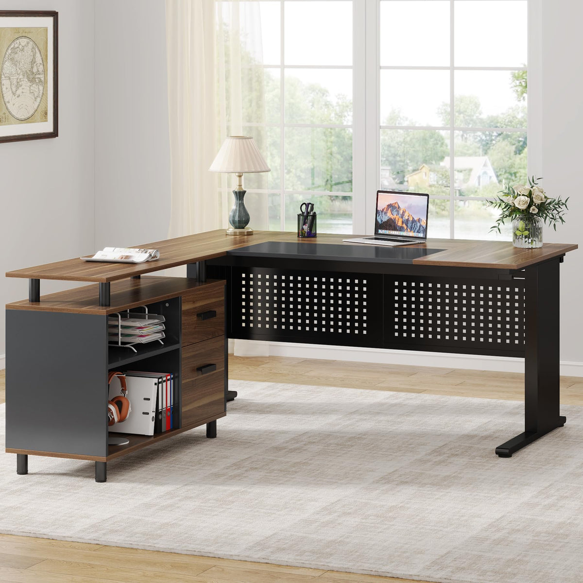 63 Inch L Shaped Computer Desk with File Cabinet and Storage Shelves L9241
