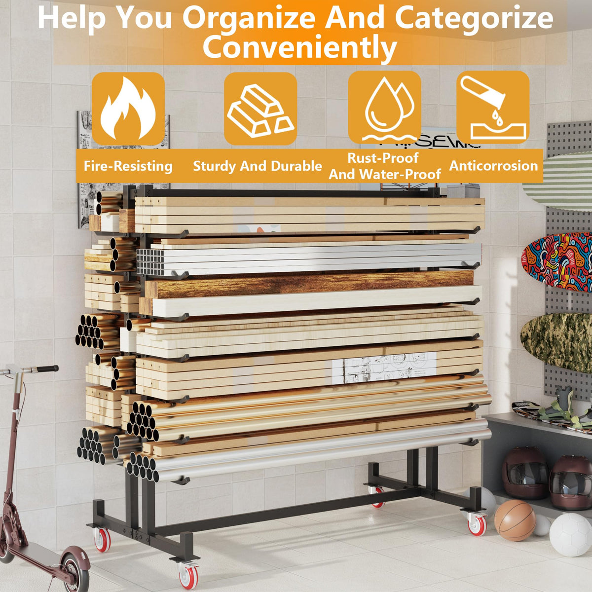 Heavy-Duty 2000LBS 7-Tier Rolling Lumber Storage Rack R970
