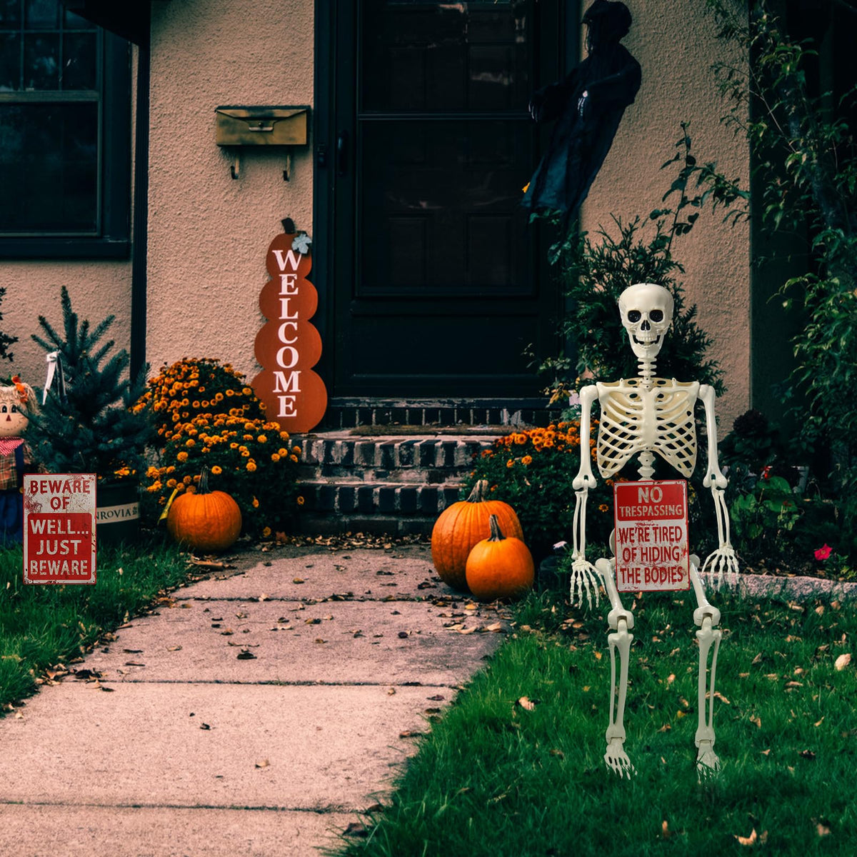 5.4 ft Posable Skeleton with 2 Pack Metal Signs T3897