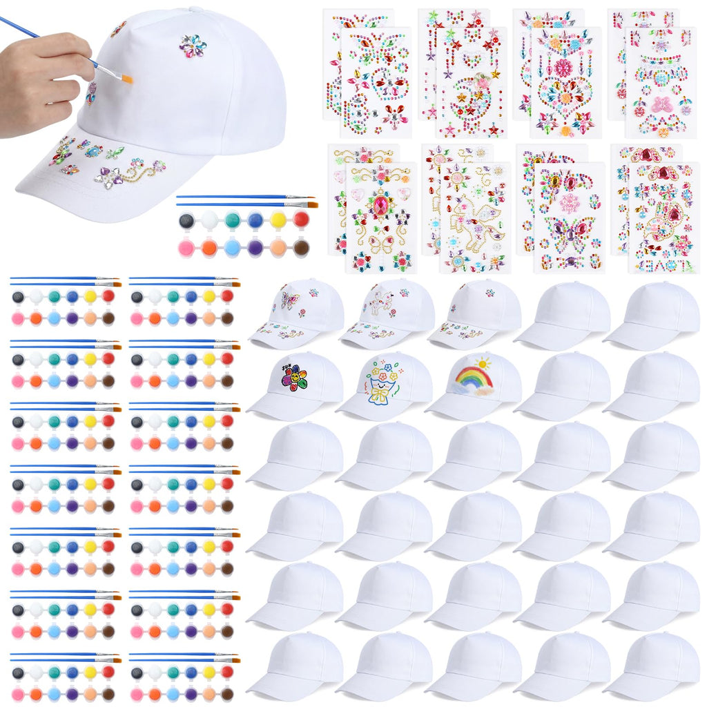 30 Pcs White Blank Adjustable Baseball Caps with Acrylic Paint Brushes U213