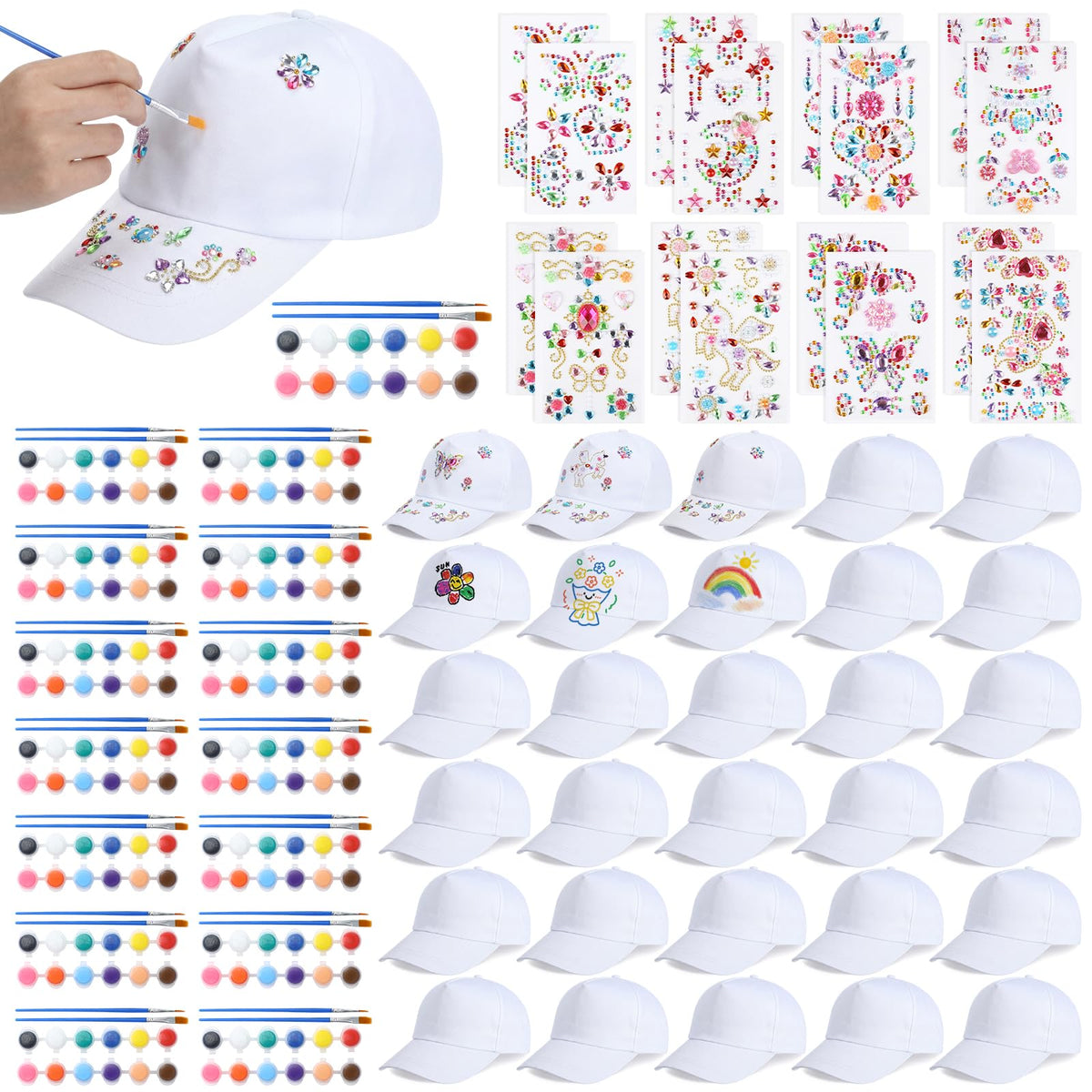 30 Pcs White Blank Adjustable Baseball Caps with Acrylic Paint Brushes U213