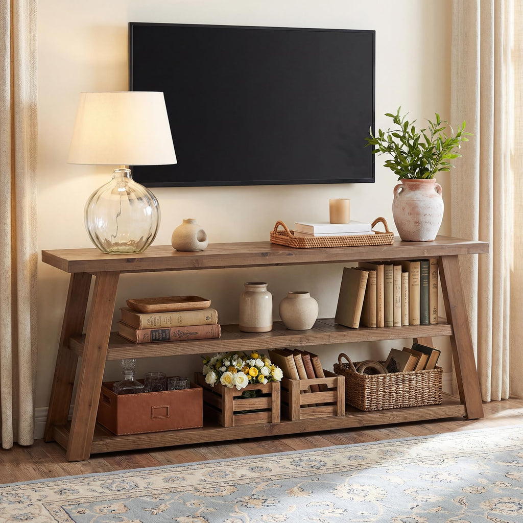 3-Tier Solid Wood TV Stand with Open Storage Shelves G958075
