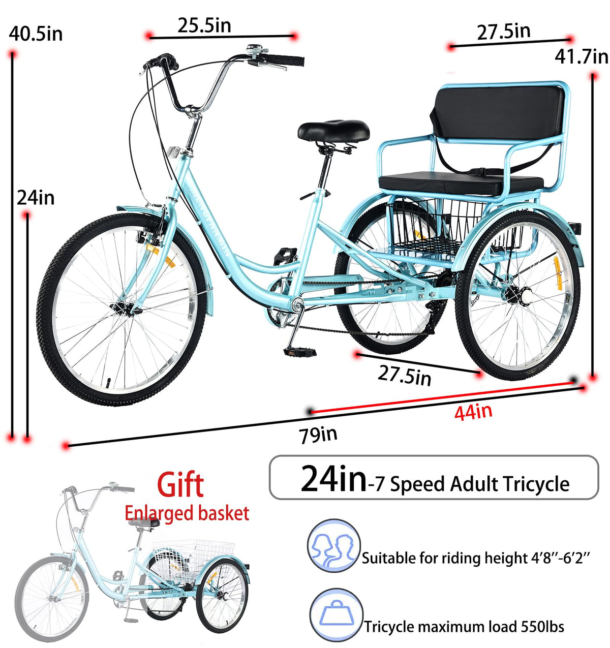 7 Speed Adult Tricycle with Child Seat and Rear Baskets T50201