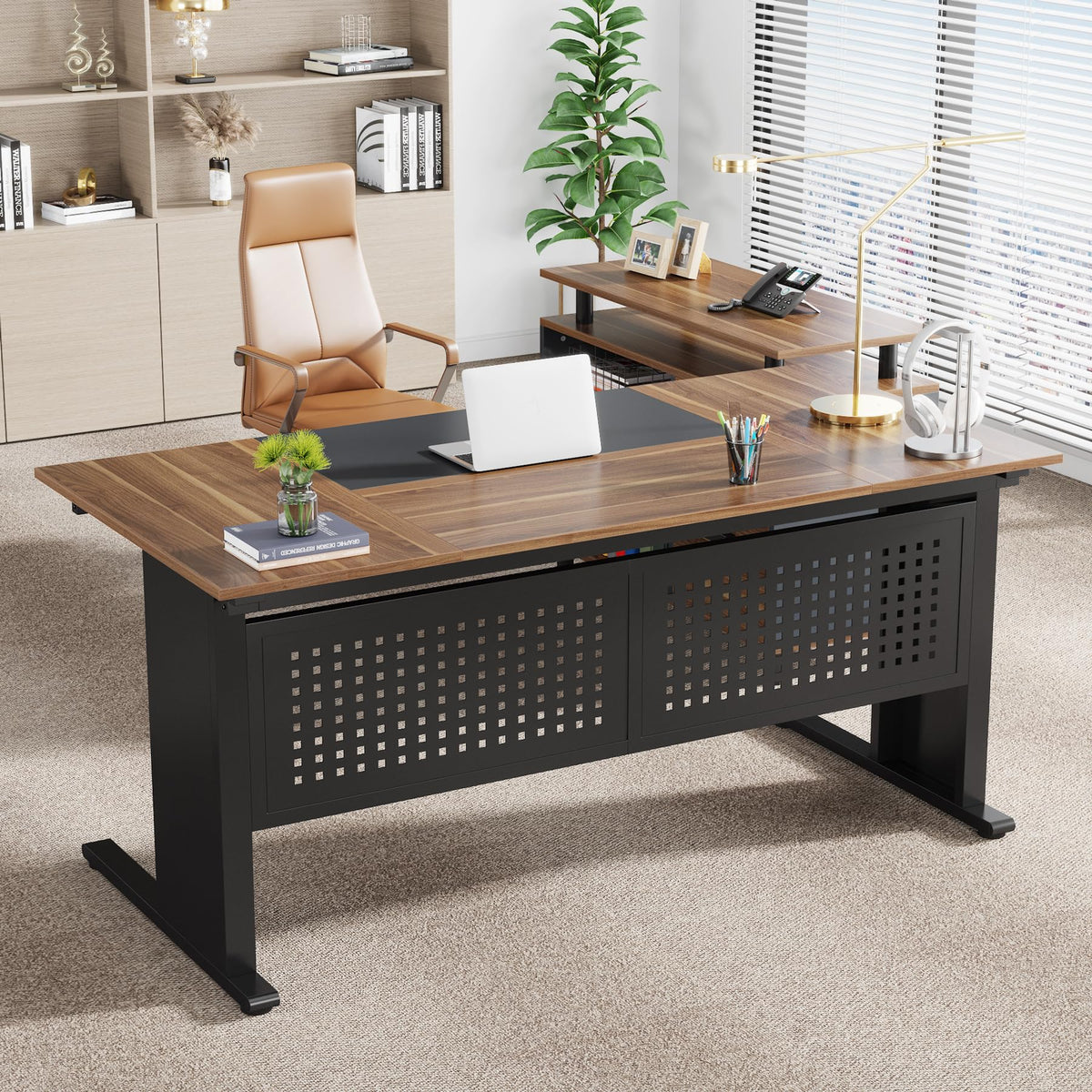 63 Inch L Shaped Computer Desk with File Cabinet and Storage Shelves L9241