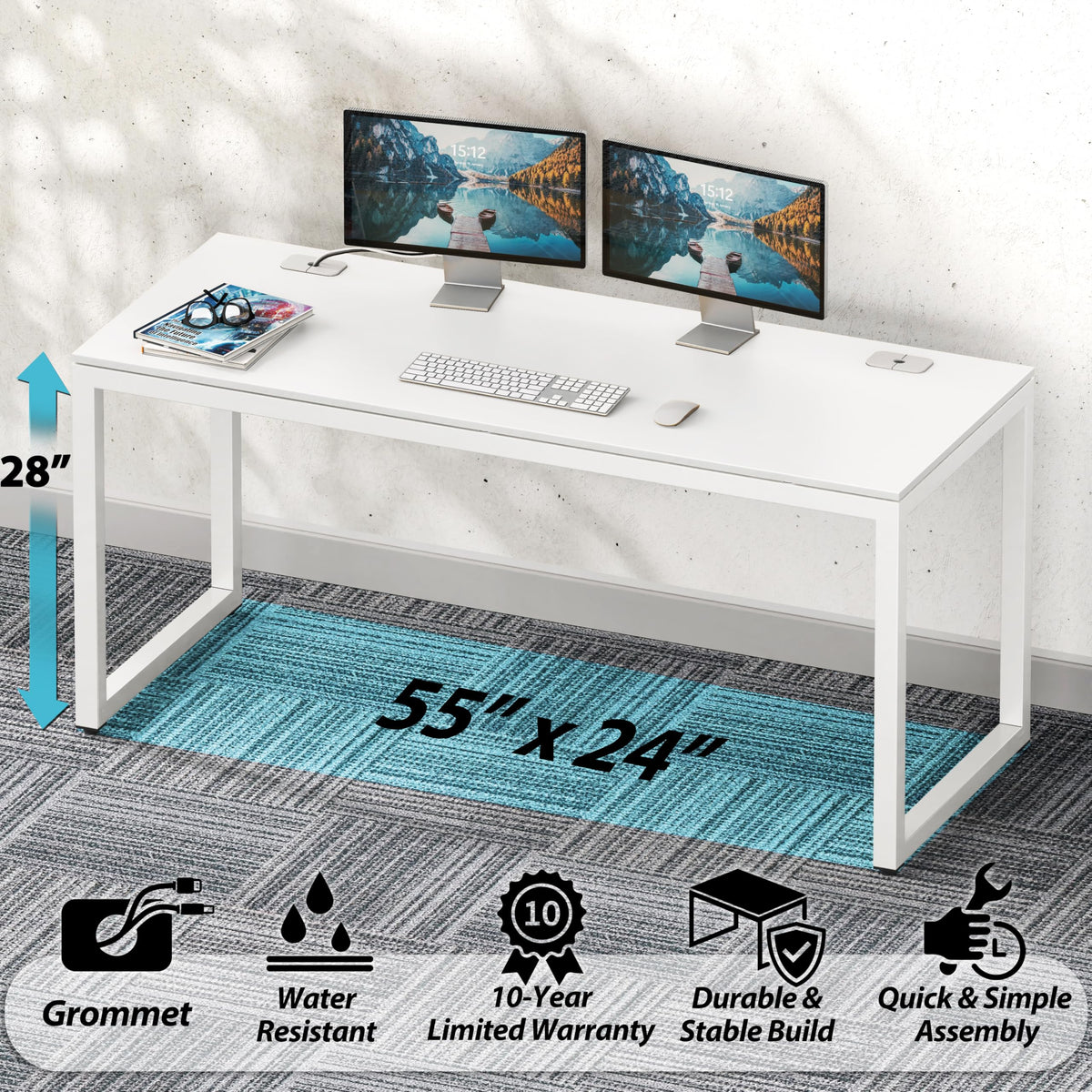 55-Inch White Office Computer Desk U99335