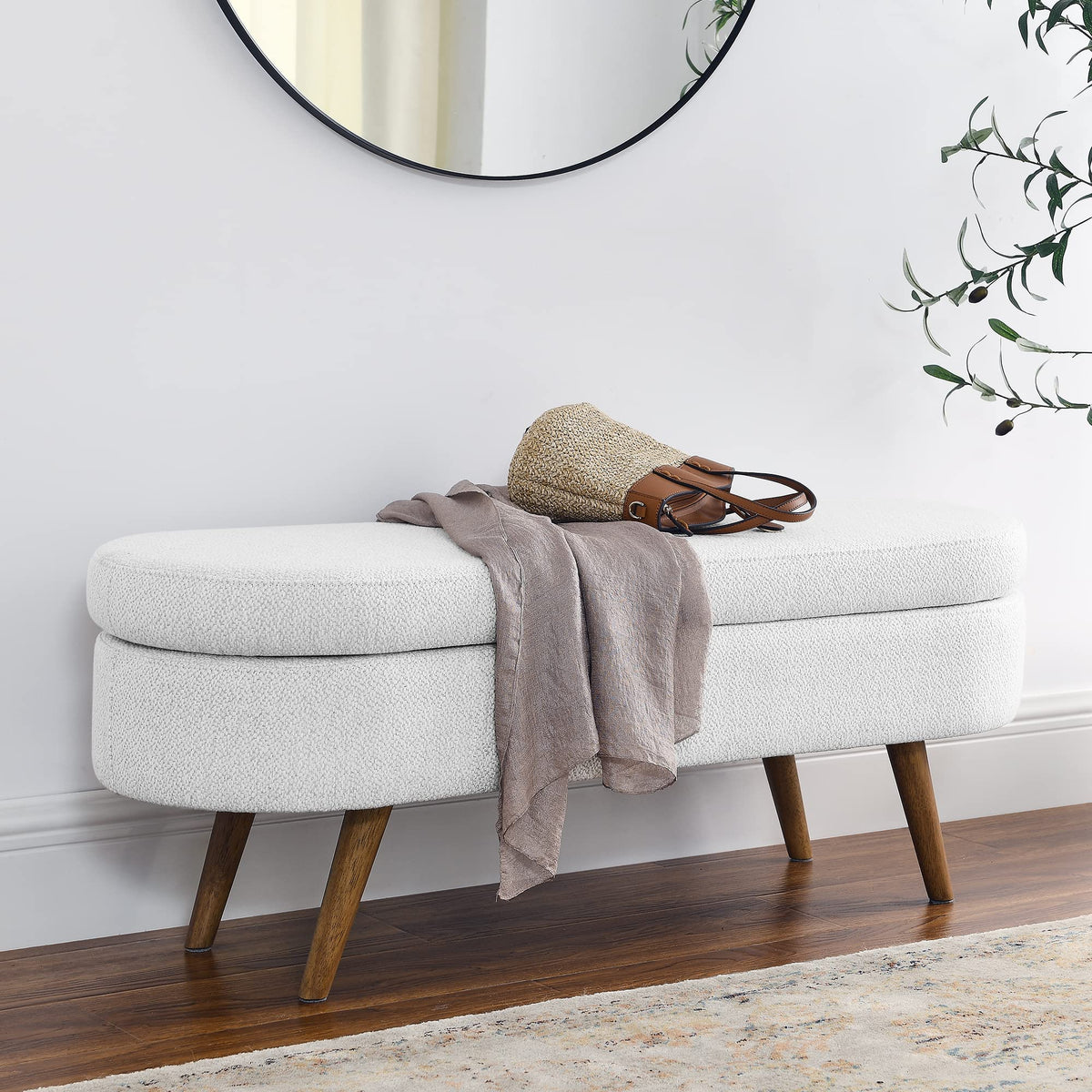 White Storage Bench with Rubber Wood Legs L949
