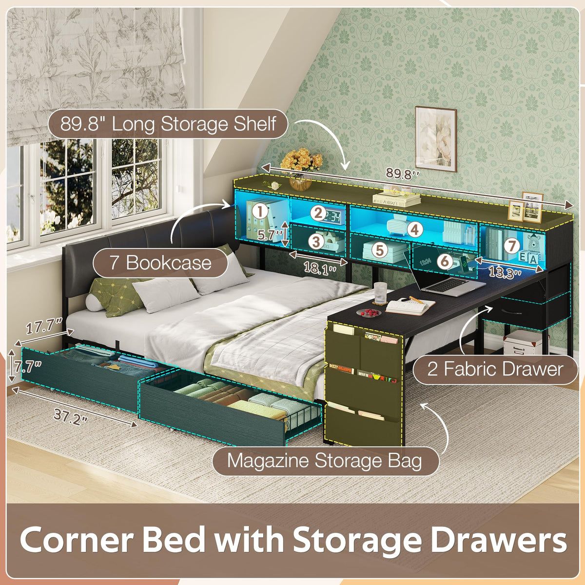 Black Corner Bed Frame Full with Storage and Desk T300593