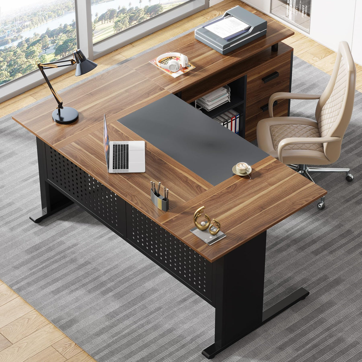 63 Inch L Shaped Computer Desk with File Cabinet and Storage Shelves L9241