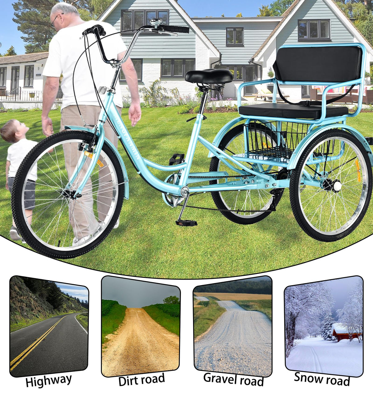7 Speed Adult Tricycle with Child Seat and Rear Baskets T50201