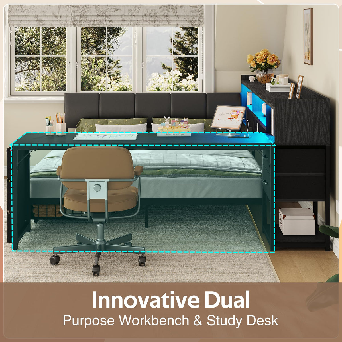 Black Corner Bed Frame Full with Storage and Desk T300593