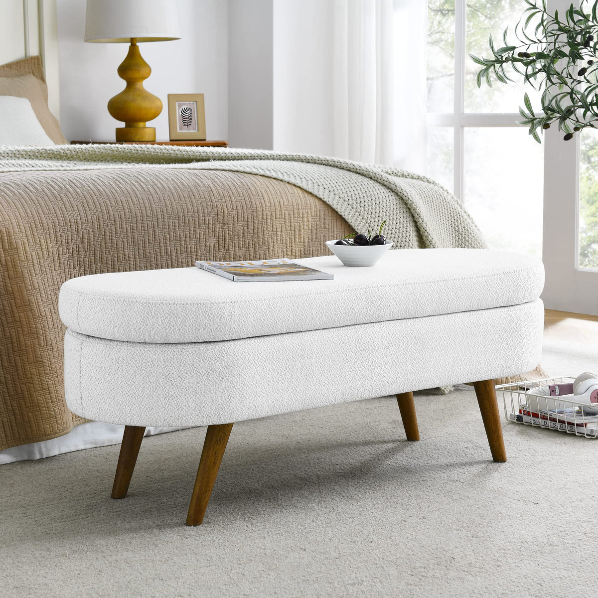White Storage Bench with Rubber Wood Legs L949