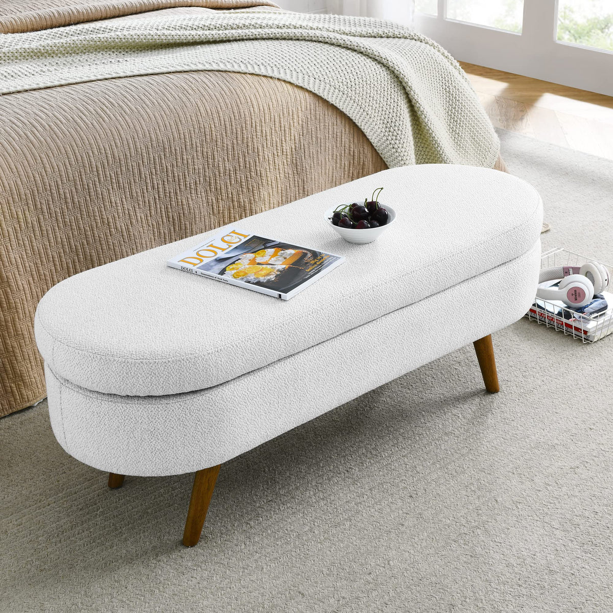 White Storage Bench with Rubber Wood Legs L949
